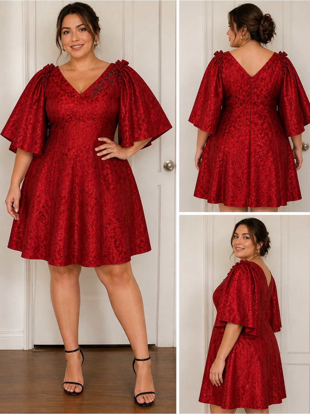Silver Jeans Red V-Neck Jacquard Fit-and-Flare Midi Dress
